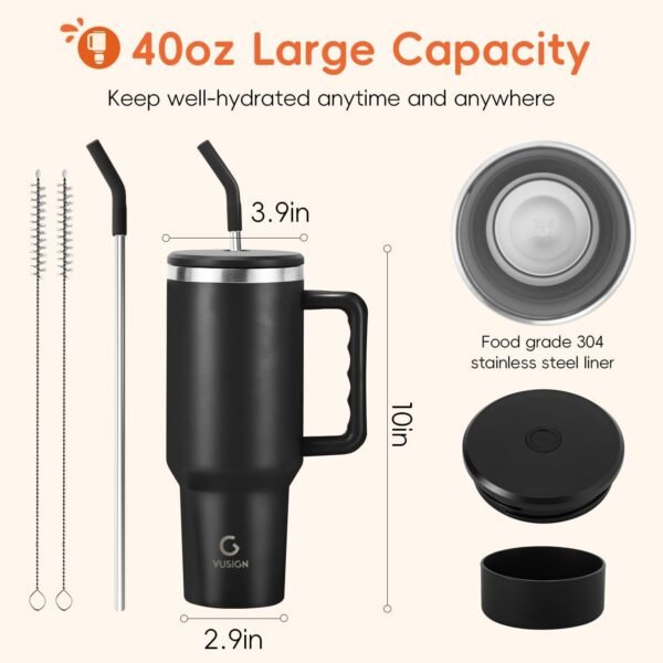 VUSIGN 40 oz Tumbler with Handle and Straw Lid, Stainless Steel Vacuum Insulated Tumbler Travel Mug Water Bottle Cup for Water Iced Tea Coffee Smoothie Car, Black - Image 7