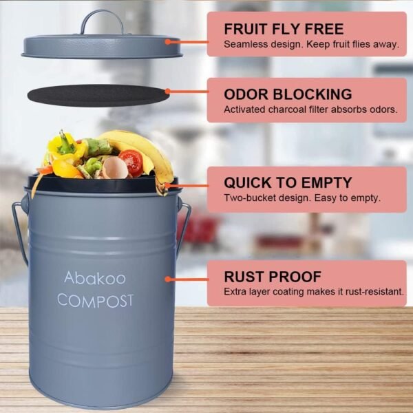 Abakoo Stainless Steel Compost Bin - Premium Grade 304 Stainless Steel Kitchen Composter - Includes 4 Charcoal Filter, Indoor Countertop Kitchen Recycling Bin Pail (1.0 Gallon (Gray)) - Image 3