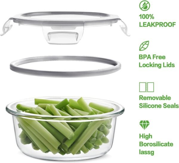 HOMBERKING 24pc Glass Food Storage Containers with Lids, Glass Meal Prep Containers, Airtight Glass Bento Boxes, BPA Free & Leak Proof, Pantry Kitchen Storage(12 lids & 12 Containers) - Gray - Image 3