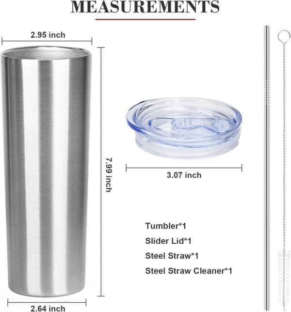 20 oz Skinny Tumbler with Lid and Straw,Stainless Steel Vacuum Insulated Tumbler Cup Double Wall Leak-proof Coffee Mug,Travel Thermal Water Tumbler for Office,Outdoor(Silver,1) - Image 5