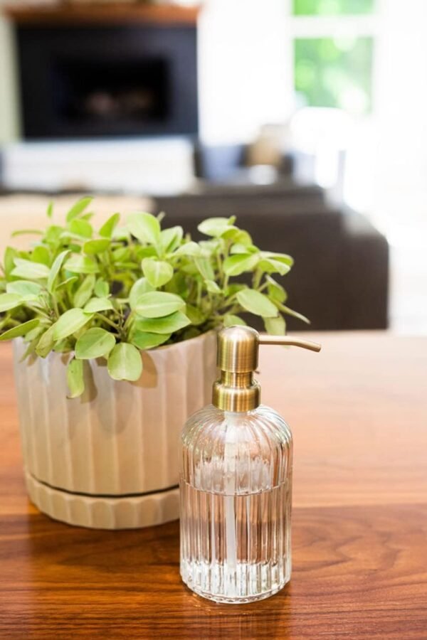 Rail19 Fluted Glass Nouveau Soap Dispenser with Metal Soap Pump - Lotion & Liquid Hand Soap for Kitchen and Bathroom, 12oz (Farmhouse Brass) - Image 2