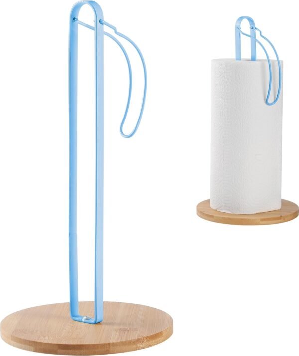 TONLEA Wood Paper Towel Holder with Fixer, Paper Towel Holder Countertop, Kitchen Towel Holder Free-Standing with Fixed or Non-Slip Wooden Base-Blue