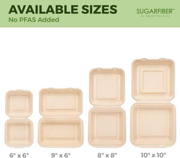 [50 COUNT]Harvest Pack PFAS FREE 6 X 6" Compostable Square Hinged Container, Single Compartment Clamshell Takeout Box, Heavy-Duty Bagasse Food Container, Made from Eco-Friendly Plant Fibers - Image 8
