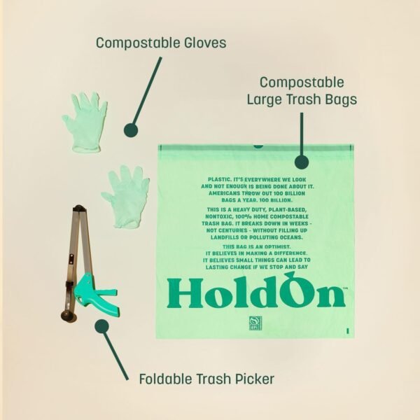 HoldOn Compostable Tall Trash Bags Clean Up Kit- 13-Gallon Bags (2PCS), Compostable Gloves, Trash Picker, Super-Strong Drawstring Handle, Multi-Way Flex Material Triple Ply Leak Resistant Eco-Friendly - Image 3