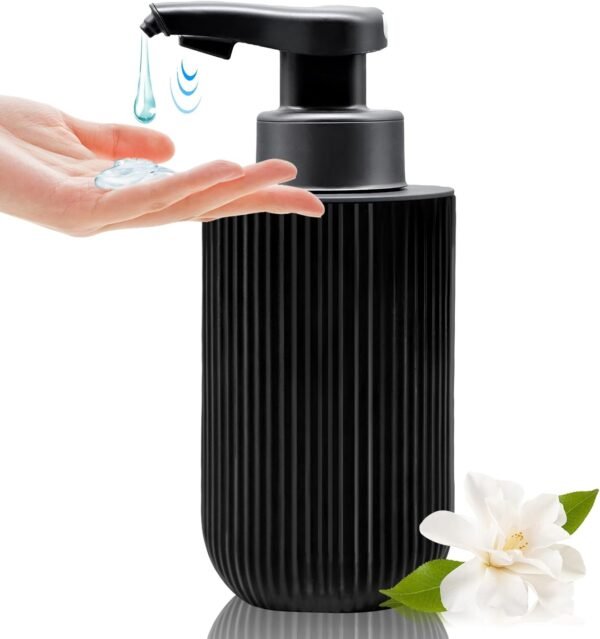 12 oz Automatic Touchless Glass Soap Dispenser, Rechargeable Hands Free Ribbed Liquid Soap Dispenser with Electric Sensor Pump,Black Refillable Auto Soap Bottle for Bathroom Kitchen Dish Countertop
