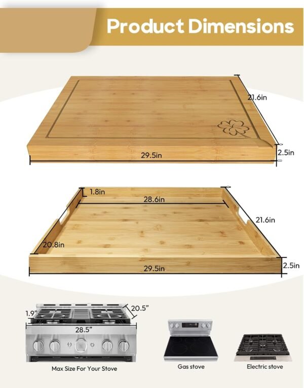 Noodle Board Stove Cover, Wellrain Bamboo Cutting Board Stove Top Cover with Handles for Electric Stovetop Gas Burners RV Sink Cover (Lucky Clover Design) - Image 5