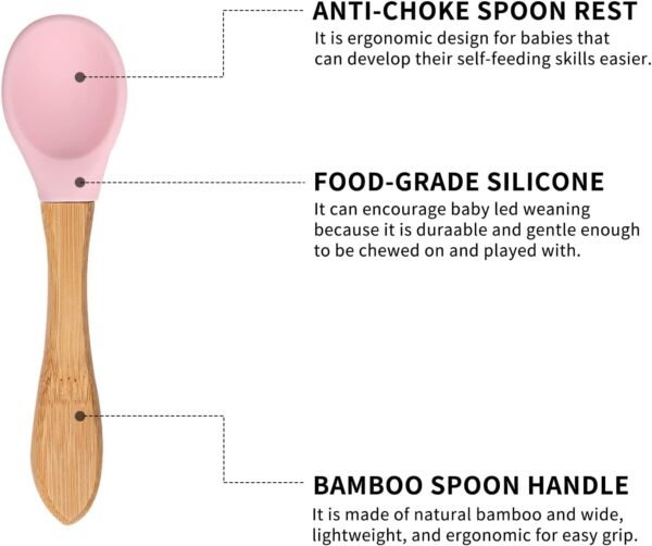 Toddler Bamboo Plates, Bowls and Spoon Set, Wooden Feeding Utensils for Infant’s Easy Self Eating at 1 Stage, Stay Put Silicone Suction Plate and Bowl and Soup Spoon for Baby Led Weaning - Image 4