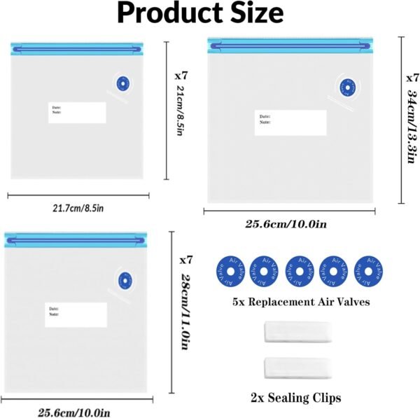 Sous Vide Bags 28Pcs, BPA Free Reusable, with Air Valve, Double-Layered Food Storage for Cooking, Food Storage, and Microwave Heating. 3 Size 21 Vacuum Zipper Bags, 2 Seal Clips, and 5 Air Valves. - Image 2