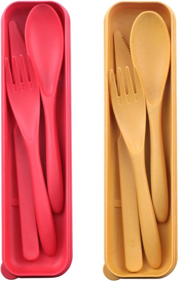 Reusable Travel Utensils Set with Case, 2 Sets Wheat Straw Portable Plastic Fork Spoons Knife Camping Cutlery, Eco-Friendly BPA Free Lunch Tableware Travel Picnic Utensils for Kids Adults Daily Use