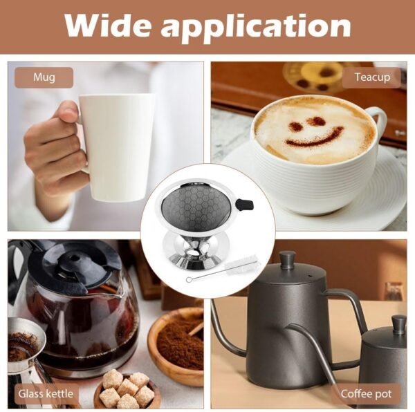 304 Stainless Steel Pour Over Coffee Dripper/Maker - Upgrade Honeycomb Mesh, Extraction Quickly without Losing Flavor, Easy to Clean, Paperless Reusable Coffee Filter, Non-slip Stand - Includes Brush - Image 3