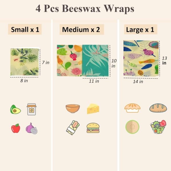 Reusable Beeswax Food Storage Wraps, 4 Pack Sustainable Beeswax Wraps Organic Cotton Wrapper for Food, MIATTCLD Beeswax Bread Bags Plastic-Free Fresh Food Keeper for Homemade Bread, Sandwich, Fruit - Image 2