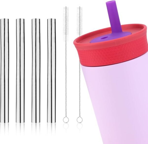 4pcs Metal Straw for Owala Kids 12 OZ Stainless Steel Tumbler, Reusable Stainless Steel Replacement Straws with 2pcs Cleaning Brushes Compatible with Owala 15 OZ Plastic Tumbler Water Bottle