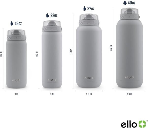 Ello Cooper 32oz Stainless Steel Water Bottle with Straw and Carry Handle, Double Walled and Vacuum Insulated Metal, Leak Proof Locking Lid with Soft Silicone Spout, Reusable, BPA Free, Grey - Image 3