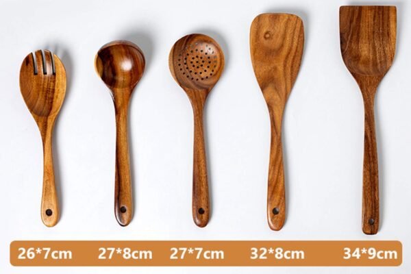 Wooden Kitchen Utensils Set, 5 PCs Natural Acacia Spurtle Set for Non-stick Pan Kitchen Tool Ladle and Wok Spatulas, Salad fork - Image 4