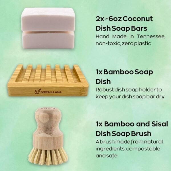 Eco-Friendly Dish Washing Bar Soap Set with 2 Fragrance-Free Solid Coconut Oil Bars, Sisal Scrub Brush, and Bamboo Holder - Sustainable Kitchen Cleaning set - Image 3
