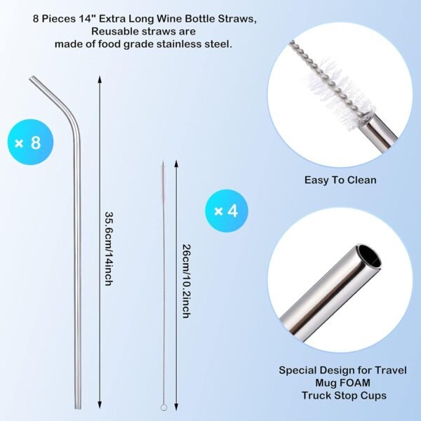 8 Pieces 14 Inch Stainless Steel Straws Long Drinking Straws for 100 oz Tumblers, Reusable Metal Drinking Straws Extra with 4 Pieces Cleaning Brush (Silver) - Image 2