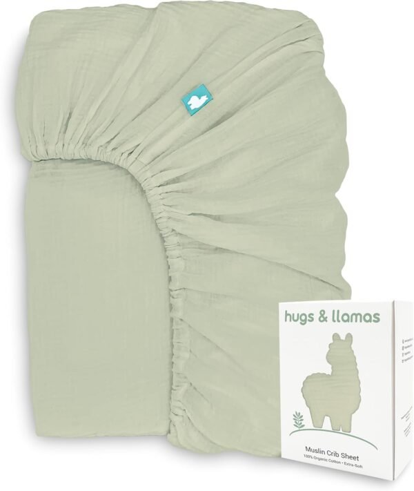 hugs & llamas | 100% Organic Cotton Muslin Fitted Crib Sheet | Baby Crib Sheets for Boys & Girls Crib Fitted Sheet | Organic Crib Sheets Girl & Boy Crib Sheets Neutral (Organic Olive)