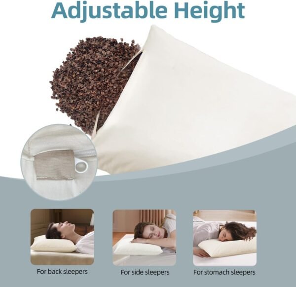 USlixury Buckwheat Pillow with Organic Pillowcase - Adjustable Buckwheat Hull Pillow, Buckwheat Pillows for Sleeping with Firm Support, Buckwheat Neck Pillow for Side Back Sleepers, 15"x19", Beige - Image 2
