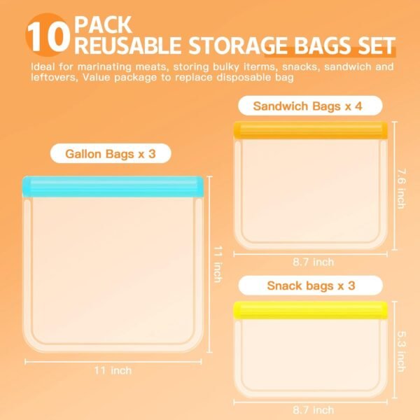 10 Pack Dishwasher Safe Reusable Bags Silicone, Leakproof Reusable Freezer Bags, BPA Free Reusable Food Storage Bags for Lunch Marinate Food Travel - 3 Gallon 3 Snack 4 Sandwich Bags - Image 6
