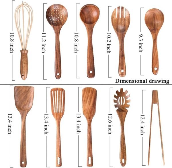 Natural Teak Wood Kitchen Utensils with Spatula and Ladle (10) - Image 2