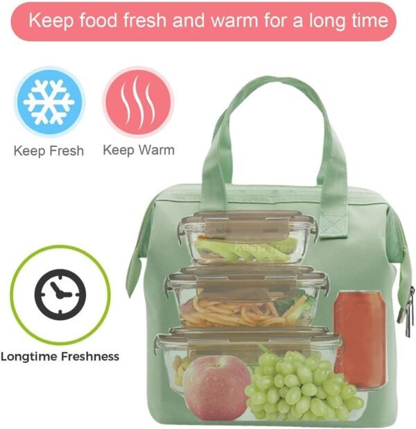 Mziart Insulated Lunch Bag Simple Bento Cooler Bag Lunch Tote Bag for Lunch Box for Women Men Adult Picnic Working Hiking Beach (Light Green) - Image 2