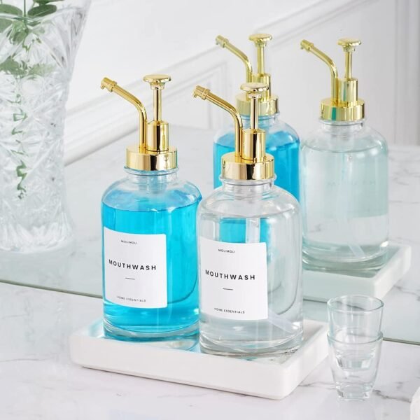 Molimoli Hand Bathroom Soap Dispenser Set, Glass Mouthwash Dispenser for Bathroom, Dish Soap Dispenser for Kitchen Sink, Soap Dispenser Pump, 500ml/16.9 Oz, Set of 2, Gold - Image 8