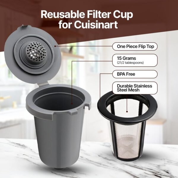 Reusable Filter Cups for Cuisinart Coffee Makers - Premium Refillable Coffee Cups Compatible with Cuisinart Single Serve Coffee Machines (2 Pack with 2 Mesh Filters) - Image 2