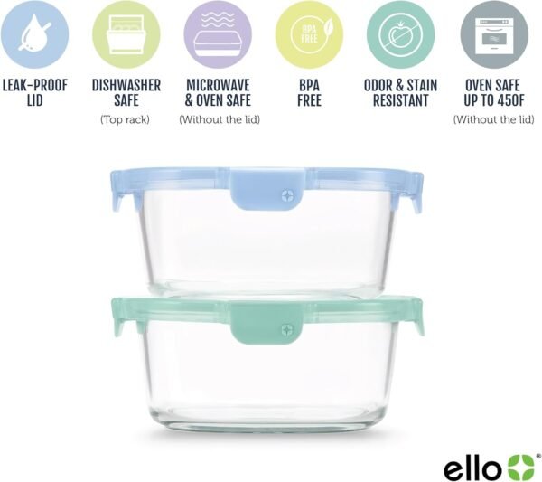 Ello Color Lock 7 Cup 4PC, 2 Pack Glass Meal Prep Sets Leak-Proof Glass Food Storage Containers with Airtight BPA-Free Plastic Lids, Dishwasher, Microwave, and Freezer Safe, Purple Rain - Image 3