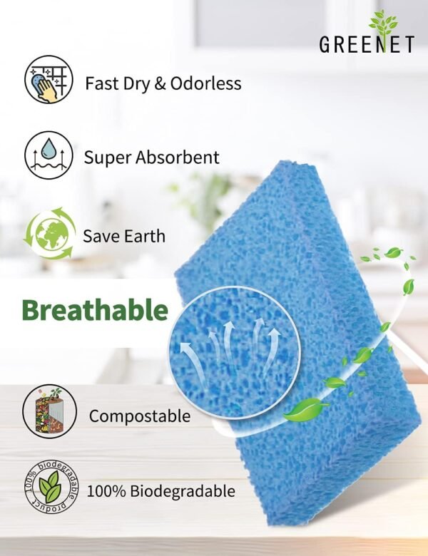 Cellulose Sponges Kitchen, for Washing Dishes, in Bulk, 24 Pack (3 Count x 8 Individually Wrapped + 2 Free Scouring Pads), 100% Natural Biodegradable - Image 4