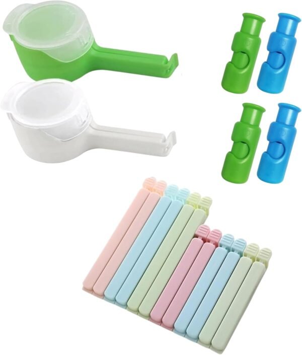 Combo Pack: 12 Bag Sealing Clips, 4 Squeeze-and-Lock Bread Bag Clips, and 2 Bag Sealing Clips with Pour Spouts – Reusable Food Storage Clips for Airtight Freshness and Spill-Free Storage