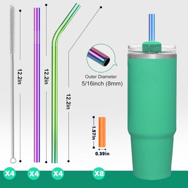 Stainless Steel Straw Replacement Fits for Stanley Adventure Travel Tumbler and Simple Modern 40 oz Tumblers - 8 Reusable Metal Straws with Silicone Tips and 4 Cleaning Brushes (Rainbow) - Image 2
