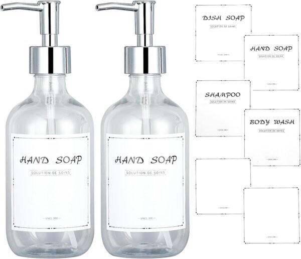 Gappo Soap Dispenser Set, 16.9 Oz Plastic Dish Bottle with Stainless Steel Pump, 2 Pack Hand Kitchen and Bathroom Soap Dispenser with 6 Waterproof Lables, Clear