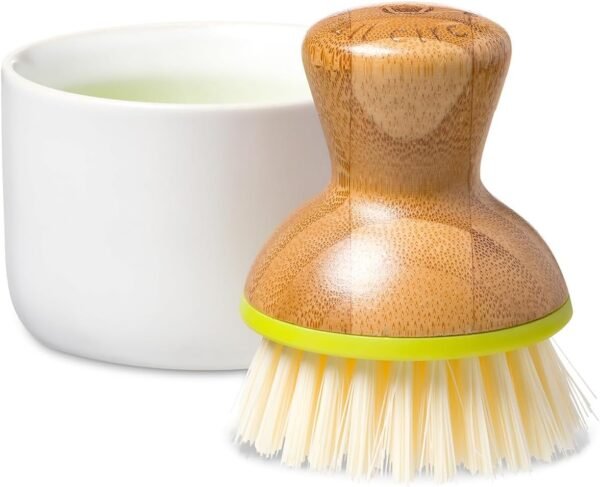 Full Circle Bubble Up- Eco-Friendly Bamboo Dish Brush & Ceramic Soap Dispenser - Natural Scrub Set for Dishes, Cast Iron - Kitchen Cleaning with Handle, White