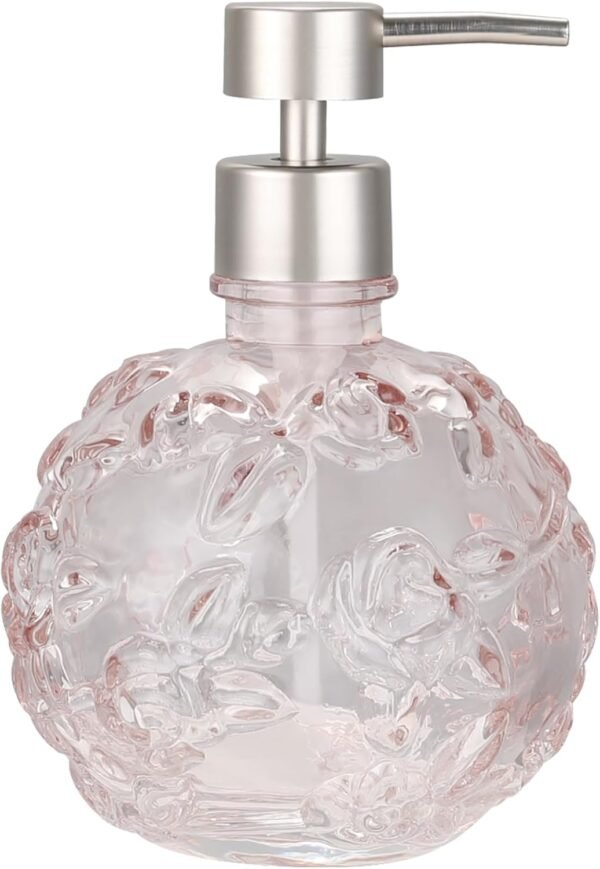Clear Glass Lotion Pump, Refillable Soap Dispenser for Bathroom, Kitchen, and Countertop, Elegant Durable Design, Eco-Friendly with Metal Pump, Stylish Home Accessory, Pink Peach Floral