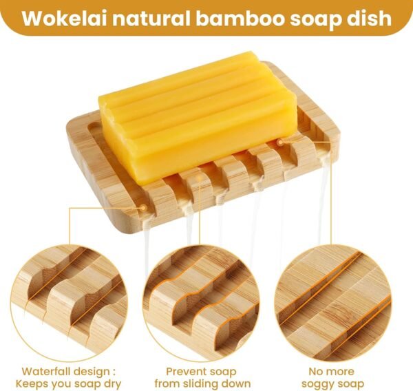 Shampoo Bar Holder Bamboo Soap Dish for Shower Wood Soap Dishes Wooden Soap Saver Tray Stand Self Draining Travel Soap Container Case for Bathroom Kitchen Bath Tub Razor Sponges, Waterfall Drain 2 PCS - Image 2