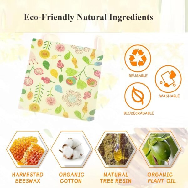 Reusable Beeswax Food Storage Wraps, 4 Pack Sustainable Beeswax Wraps Organic Cotton Wrapper for Food, MIATTCLD Beeswax Bread Bags Plastic-Free Fresh Food Keeper for Homemade Bread, Sandwich, Fruit - Image 3