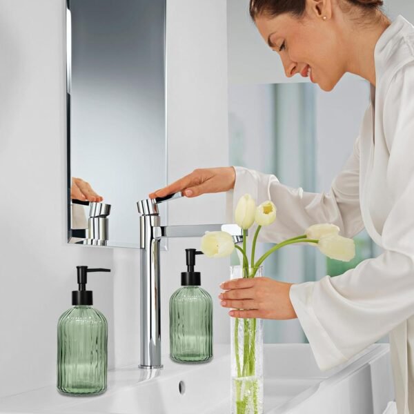 Green Glass Soap Dispenser Set with Black Pump, 13.5oz Refillable Liquid Hand Soap Dispenser, Lotion Dish Soap Dispenser for Modern Home Decor, Bathroom, Kitchen Countertop, Hotel(2 Pack) - Image 4