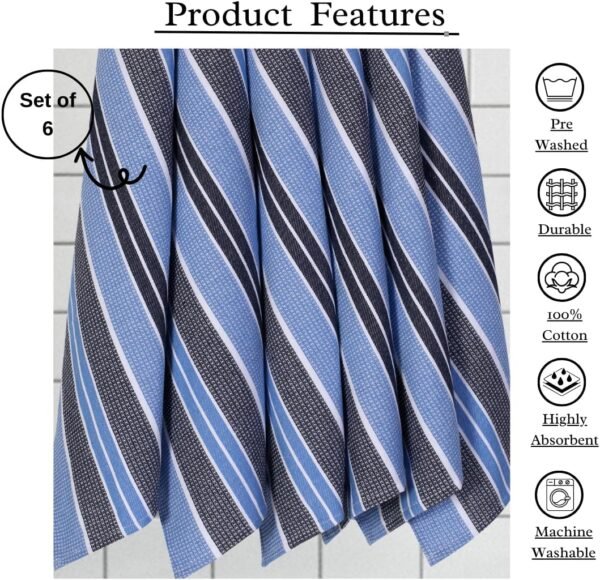 Honeycomb Stripe Kitchen Towel 18x28inch Navy/Sky Blue,100% Cotton, Quick Dry, Tea Towels,Bar Towels, Highly Absorbent,Cleaning Towels, Kitchen Tea Towels, Absorbent Dish Cloth Set of 6 - Image 3