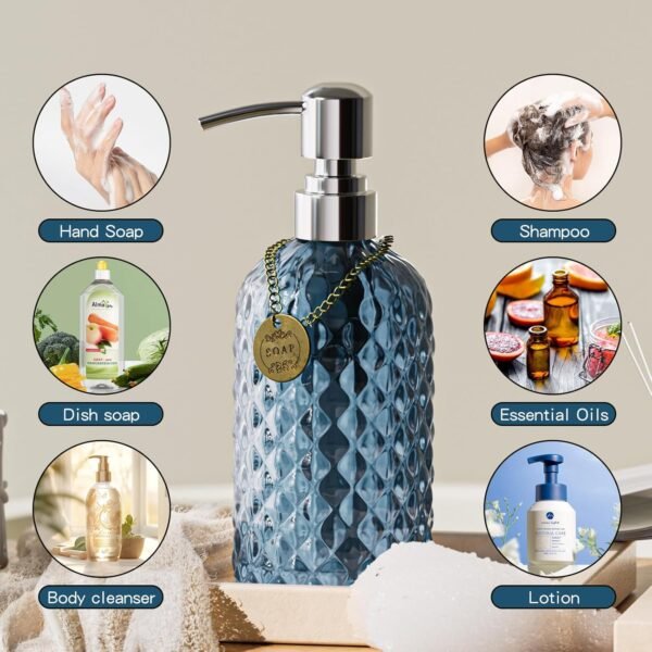12oz Kitchen Glass Soap Bottle, Bathroom Soap Dispenser, 304 Rustproof Stainless Steel Pump, Refillable Liquid Glass Soap Dispenser Hand sanitizer Dispenser(Blue Grey) - Image 2