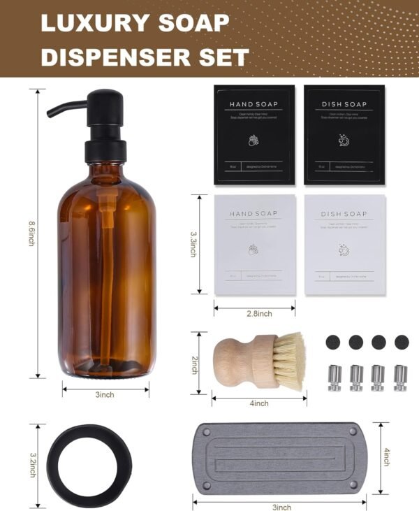 [LUXURY] Kitchen Soap Dispenser Set - 16OZ Amber Glass Bottle, Stainless Steel Pump, Instant Dry Tray, Waterproof Labels, Non-Slip Silicone Pad, and Dish Brush | Upgrade for Your Kitchen and Bathroom - Image 5