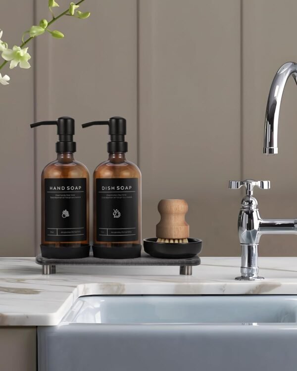 [LUXURY] Kitchen Soap Dispenser Set - 16OZ Amber Glass Bottle, Stainless Steel Pump, Instant Dry Tray, Waterproof Labels, Non-Slip Silicone Pad, and Dish Brush | Upgrade for Your Kitchen and Bathroom - Image 8