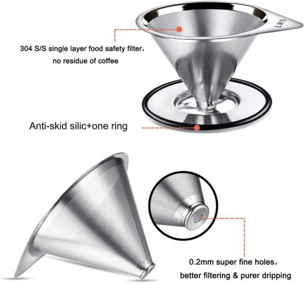 LHS Pour Over Coffee Dripper Stainless Steel Coffee Filter Metal Cone Filter Paperless Reusable Coffee Filter Single Cup Coffee Maker 1-2 Cup With Non-slip Cup Stand and Cleaning Brush - Image 2