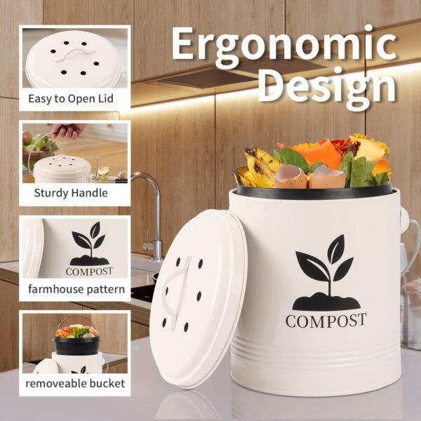 Compost Bin Kitchen Countertop, Indoor Compost Bin with Inner Bucket, 1.15 Gallon Small Compost Bin with Lid, Indoor Composter Bin Counter Compost Pail Food Waste Bin Includes 3PCs Carbon Filter Cream - Image 3