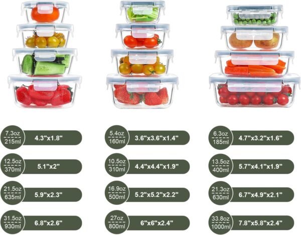 BAYZZ Glass Food Storage Containers Set, 24 Pieces Airtight Glass Meal Prep Containers with Lids,Microwave and Freezer Safe - Image 2