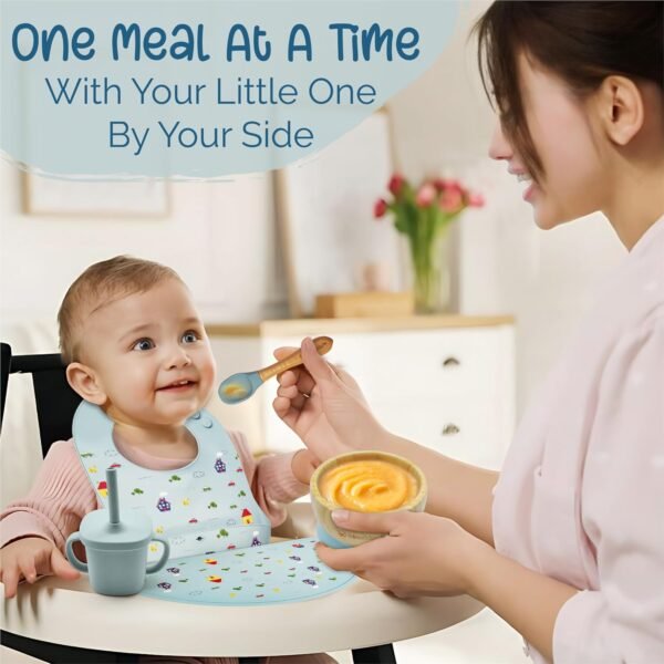 TEAMKO® Silicone Baby Feeding Set: Bamboo Baby Plate and Bowl, Bib, Utensils, Cup & Placemat - Bamboo Kids Plates - Ideal for Baby Led Weaning + Nutritional Guide - Image 3