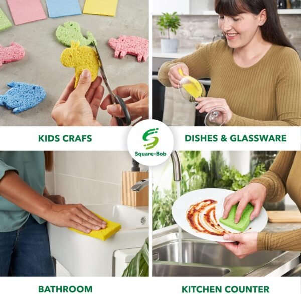 12 PCs Compressed Sponges Kitchen Non-Scratch – Highly Absorbent Kitchen Sponges for Dishes Cleaning, Countertop, Sink, Car –Biodegradable, Quick Drying Cellulose Sponges - Assorted Colors - Image 5