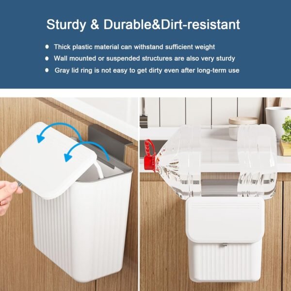 2.4 Gallon Kitchen Compost Bin for Counter Top or Under Sink, Hanging Small Kitchen Trash Can with Lid, Wall Mounted Waste Basket Bin Garbage Can for Bathroom (White) - Image 5