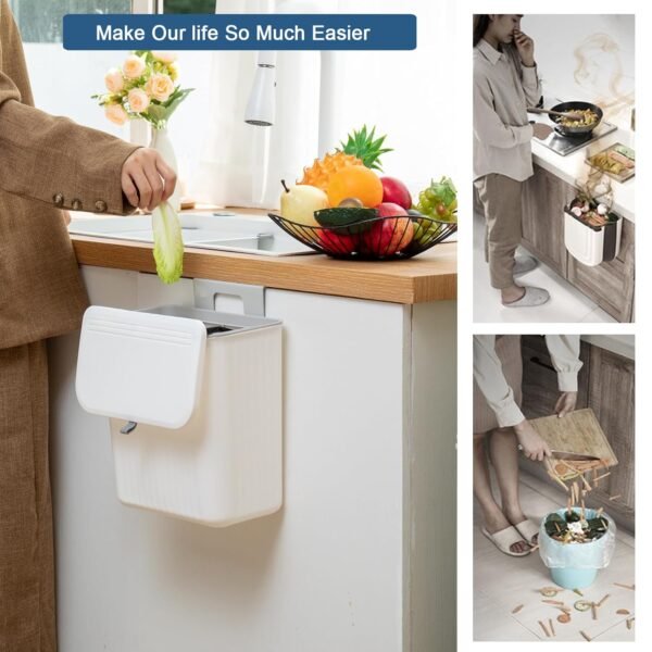 2.4 Gallon Kitchen Compost Bin for Counter Top or Under Sink, Hanging Small Kitchen Trash Can with Lid, Wall Mounted Waste Basket Bin Garbage Can for Bathroom (White) - Image 3