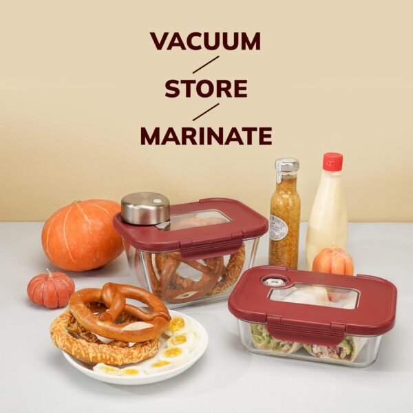 SealVax® SEASON•SEAL Patented Vacuum-Sealed Glass Food Storage & Cycle Marinating Set with Auto-Stop Vacuum sealer, includes 75 fl oz and two 46 fl oz containers (Reddish-Brown) - Image 7