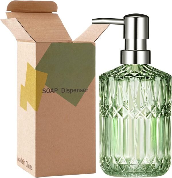 Diamond Design 12 Oz Green Glass Soap Dispenser,Refillable Lotion Soap Dispenser for Bathroom, Kitchen, Hand Soap, Dish Soap,Shampoo, Ideal for Bathroom Countertop. (Clear Gold) - Image 7